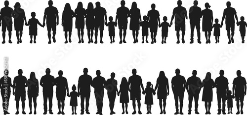 Large family silhouettes collection – diverse generations holding hands, parents and children, community unity concept, group people vector set