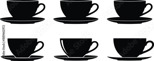 Black and white vector illustration set of elegant coffee cup silhouettes with saucers in various styles for cafe restaurant menu and kitchen decor design