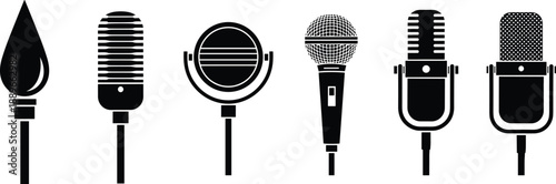 Black and white vector illustration set of professional microphone silhouettes featuring various styles including retro vintage and modern condenser mics for audio recording design