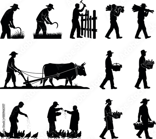 Traditional farming activities: silhouettes of farmers working in fields with tools and oxen