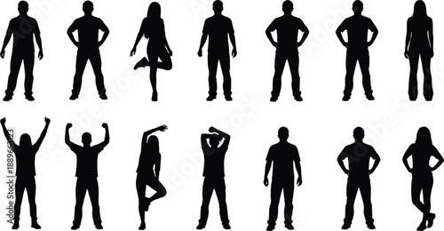 Black and white vector silhouette set of diverse people in various standing and active poses including men and women for social community and lifestyle design