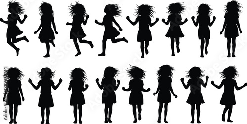 Black and white vector silhouette set of little girls with long hair running jumping and standing in various action poses for childhood youth design