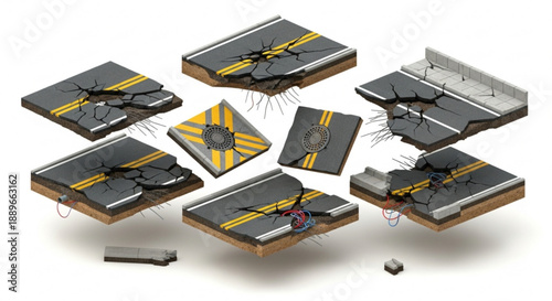 Infrastructure Failure Illustration: Isometric Broken Road and Asphalt Cracks