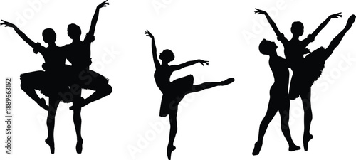 Black and white vector silhouette set of professional ballet dancers in elegant poses performing classical dance routines for theater and artistic performing arts design