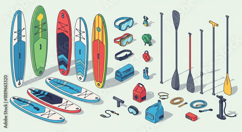 Isometric SUP Equipment Set: Colorful Stand Up Paddle Boards and Accessories