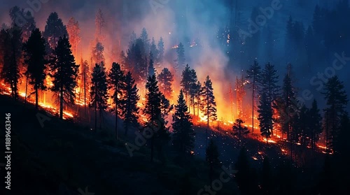 Dramatic Forest Fire at Night: Flames Engulfing Pine Trees and Hillside