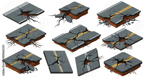 Damaged Highway Vector: Isometric Road Segments with Pavement Fractures
