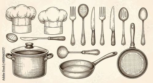 Old-Fashioned Cookware: Hand-Drawn Illustration of Vintage Kitchen Utensils