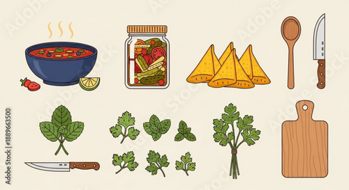 Ethnic Food and Ingredients: Colorful Soup, Herbs, and Kitchen Utensils Vector
