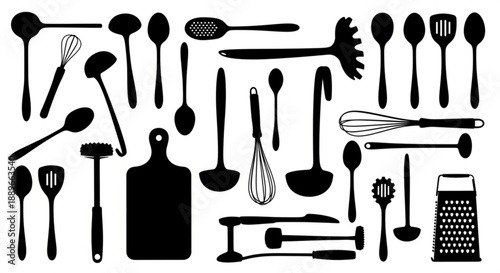 Food Preparation Concept: Kitchen Tool Silhouettes for Restaurant Menu Design