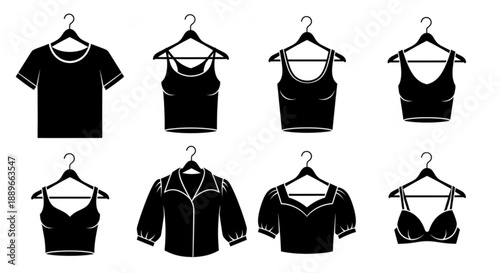 Apparel Silhouette Collection: Crop Tops, Bras, and Tops Vector Illustration