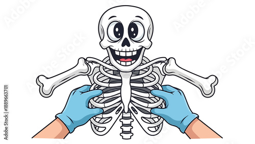 Smiling skeleton with hands in blue gloves holding ribcage on white background for medical education