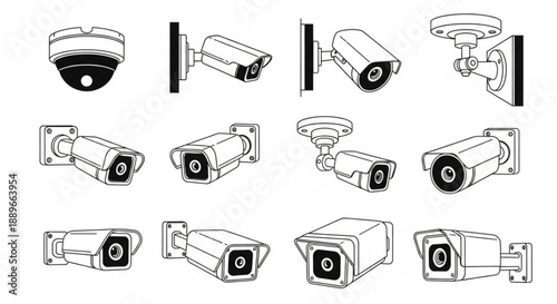 Surveillance Camera Icon Set: Black and White CCTV Security Vector