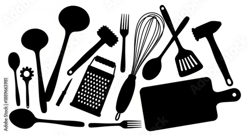 Cooking Essentials Vector: Minimalist Black Silhouettes of Kitchen Utensils