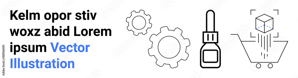 Obraz premium E-commerce, automation, software development, online shopping, technology, logistics. Digital gears, a dropper tool and a 3D cube in a shopping cart. E-commerce and automation