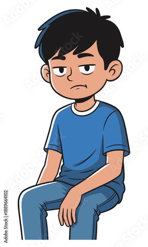 Child Character Illustration Reflecting Grumpy Unhappy or Disinterested Emotion in Blue Attire