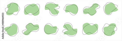 Set of blob shape collection with different style. Irregular round blot form green color graphic element. Random oval pebble symbol. Vector Illustration.