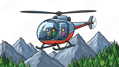 Family helicopter tour over mountains with trees below in cartoon style