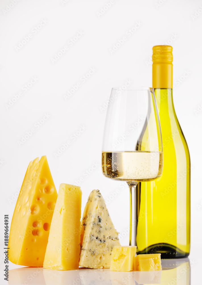 Obraz premium Assorted cheeses and wine on white background