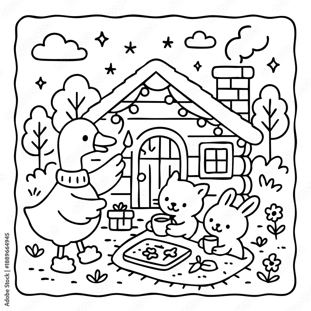 Fototapeta premium A charming scene featuring a duck and two cute animals enjoying tea by a cozy log cabin, surrounded by trees and flowers in a whimsical setting.