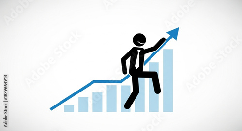 Stick Figure Businessman Climbing Upward Arrow Graph.