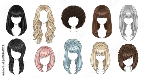 Collection of diverse hairstyles and wigs for women.