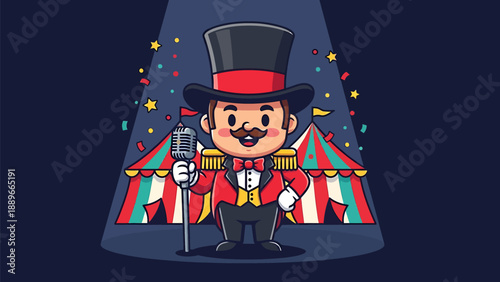 Cartoon ringmaster in red coat and top hat holding microphone on circus stage with colorful tent and confetti