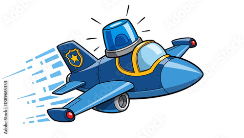 Blue cartoon jet aircraft flying with yellow star emblem on tail fin against white background