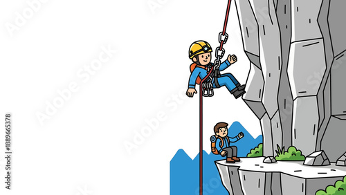 Climber rappelling down a rocky cliff with a partner anchoring the rope on a mountain ledge adventure illustration
