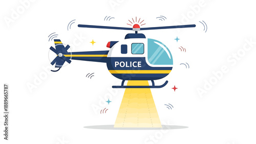 Police helicopter in flight with spotlight on yellow background law enforcement vector illustration