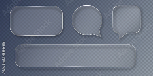 A set of transparent frosted glass shapes in the Glassmorphism style. On a dark background. Ideal for presentations and modern UI design elements. Vector illustration