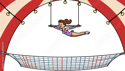 Young girl performing aerial trapeze act in circus tent with safety net below her