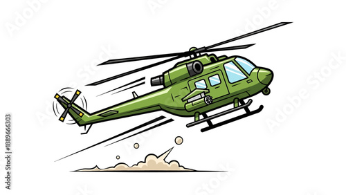 Military helicopter in flight with rotor motion and dust on white background