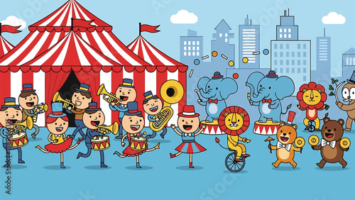 Vibrant cartoon circus performers and animals entertaining crowd under red and white striped tent with city skyline
