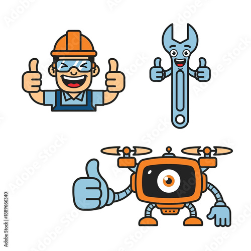 Cartoon illustrations of a happy construction worker, a smiling wrench, and a drone robot, all showing thumbs-up gestures.