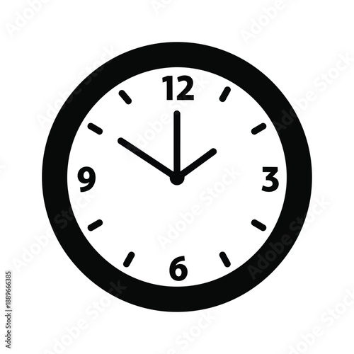 Simple black and white analog clock icon showing time with hour and minute hands on a white background, representing punctuality and scheduling.