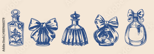 vintage rococo perfume bottle illustrations, hand drawn engraving style, delicate line art, ornate glass bottles with bows and ribbons, antique luxury aesthetic, monochrome blue ink on warm cream pape