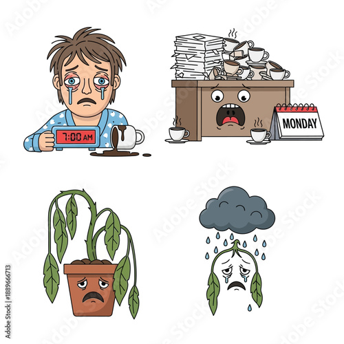 Illustrations depicting various forms of exhaustion, burnout, and sadness, including a tired person, an overloaded desk, and wilting plants.
