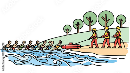 Group of people rowing a boat being pulled by three men on the shore with ropes in a serene lake environment