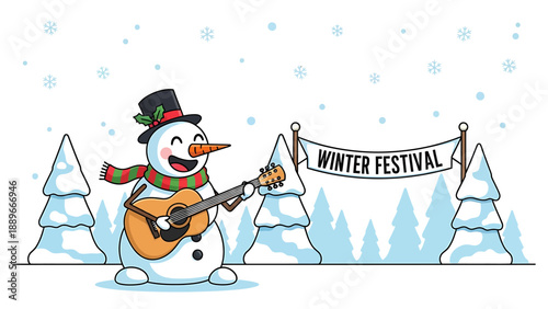Smiling snowman playing guitar at snowy winter festival with trees and banner