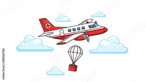 Red and white airplane flying with parachute cargo in the sky surrounded by fluffy clouds