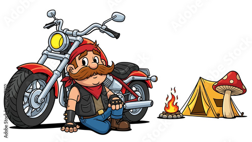 Biker man with motorcycle sitting near camping tent and fire in wilderness adventure travel scene