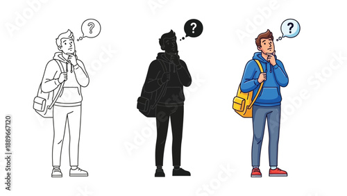 Confused young male student with backpack thinking with question mark above head, shown in outline, silhouette and full color versions
