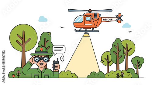 Rescue helicopter flying over forest with ranger using binoculars and radio communication