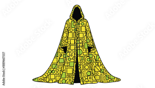 Vibrant yellow hooded cloak with green accents and geometric patterns open front mystical fashion