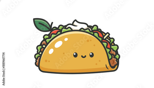 Smiling taco cartoon character with lettuce and tomato on a clean white background symbolizing fun food