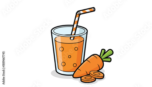 Fresh carrot juice in glass with straw and sliced carrots on side healthy drink concept