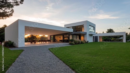 Wallpaper Mural Modern architectural home with sleek design and lush green lawn, bathed in sunset glow. Torontodigital.ca