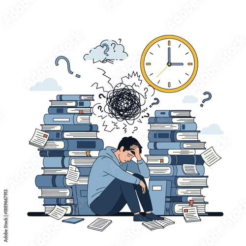 Man Overwhelmed by Piles of Documents and Time Pressure.