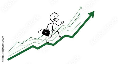 Stick figure businessman running up a rising graph symbolizing success.